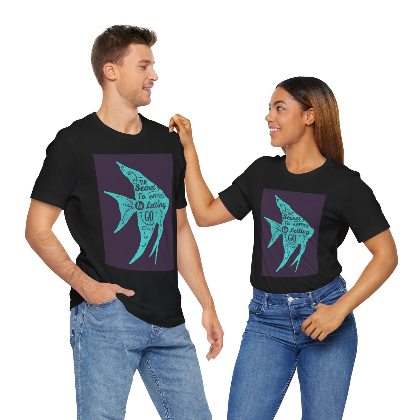 Short Sleeve Tee - The Secret to Happiness Is Letting Go - Turquoise Blue Fish Blueprint Design - versevogue