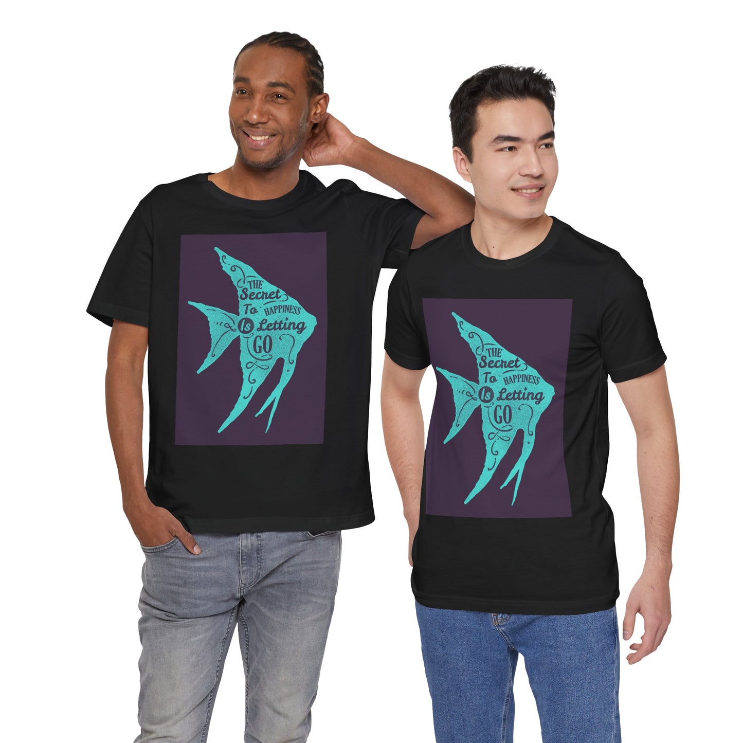 Short Sleeve Tee - The Secret to Happiness Is Letting Go - Turquoise Blue Fish Blueprint Design - versevogue
