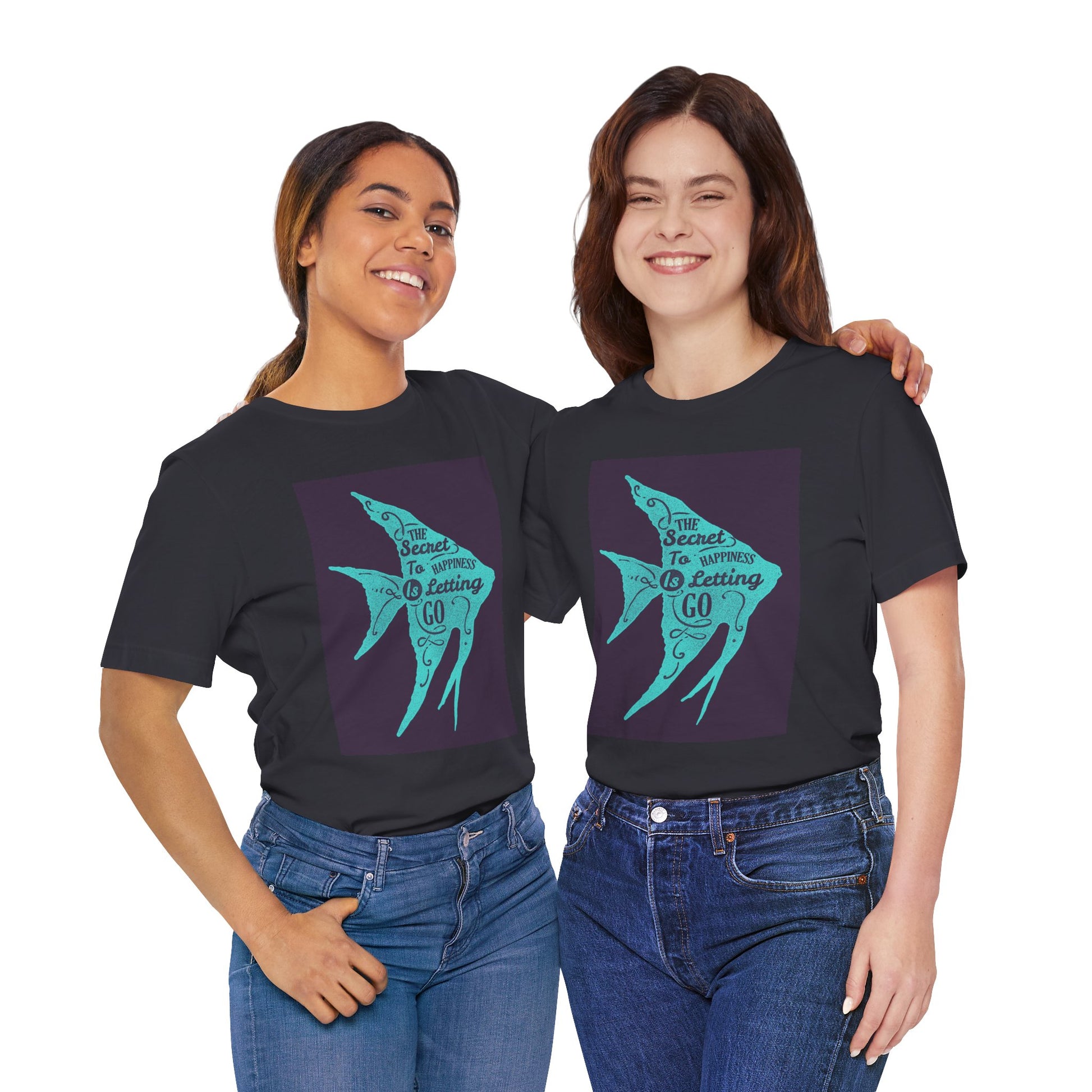 Short Sleeve Tee - The Secret to Happiness Is Letting Go - Turquoise Blue Fish Blueprint Design - versevogue