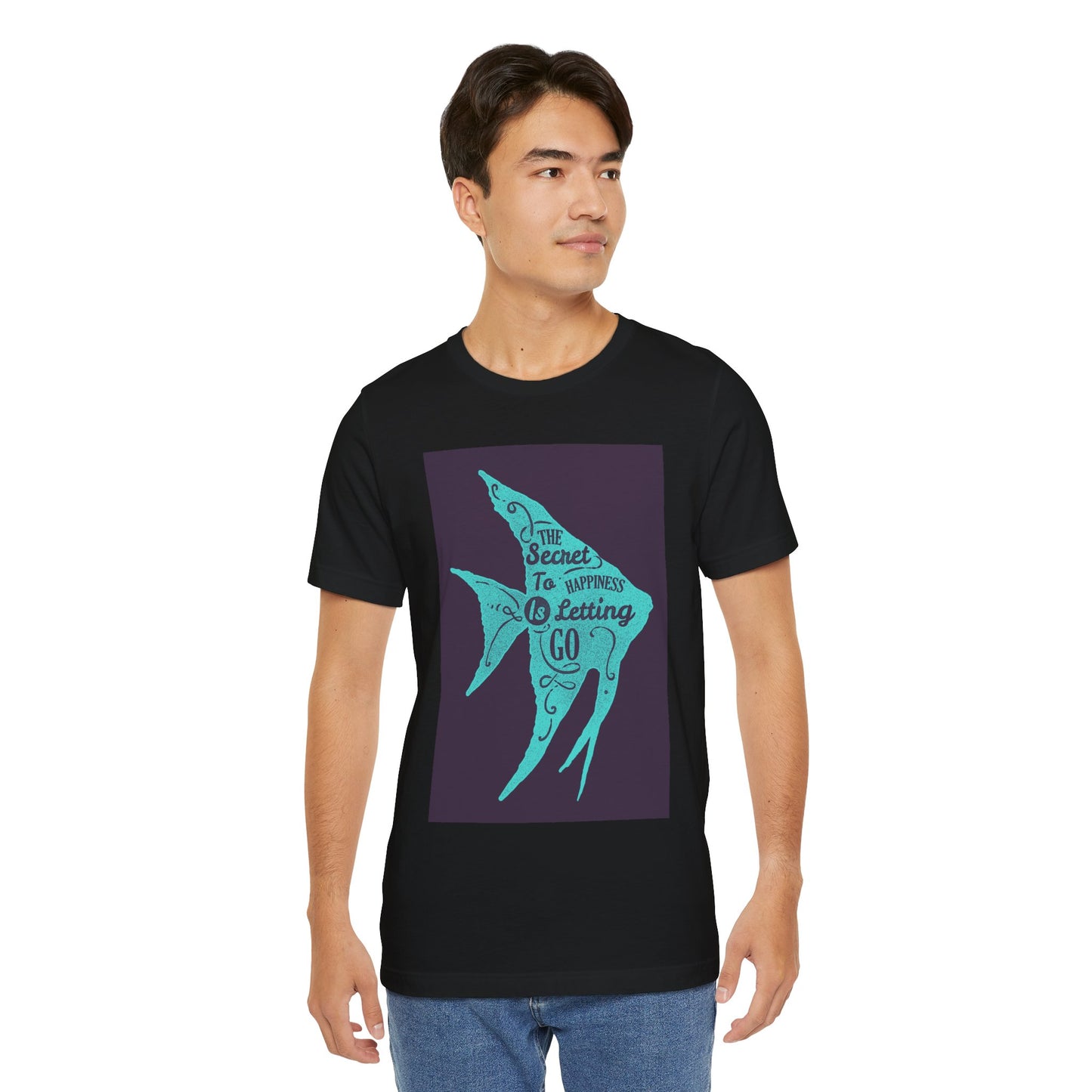 Short Sleeve Tee - The Secret to Happiness Is Letting Go - Turquoise Blue Fish Blueprint Design - versevogue