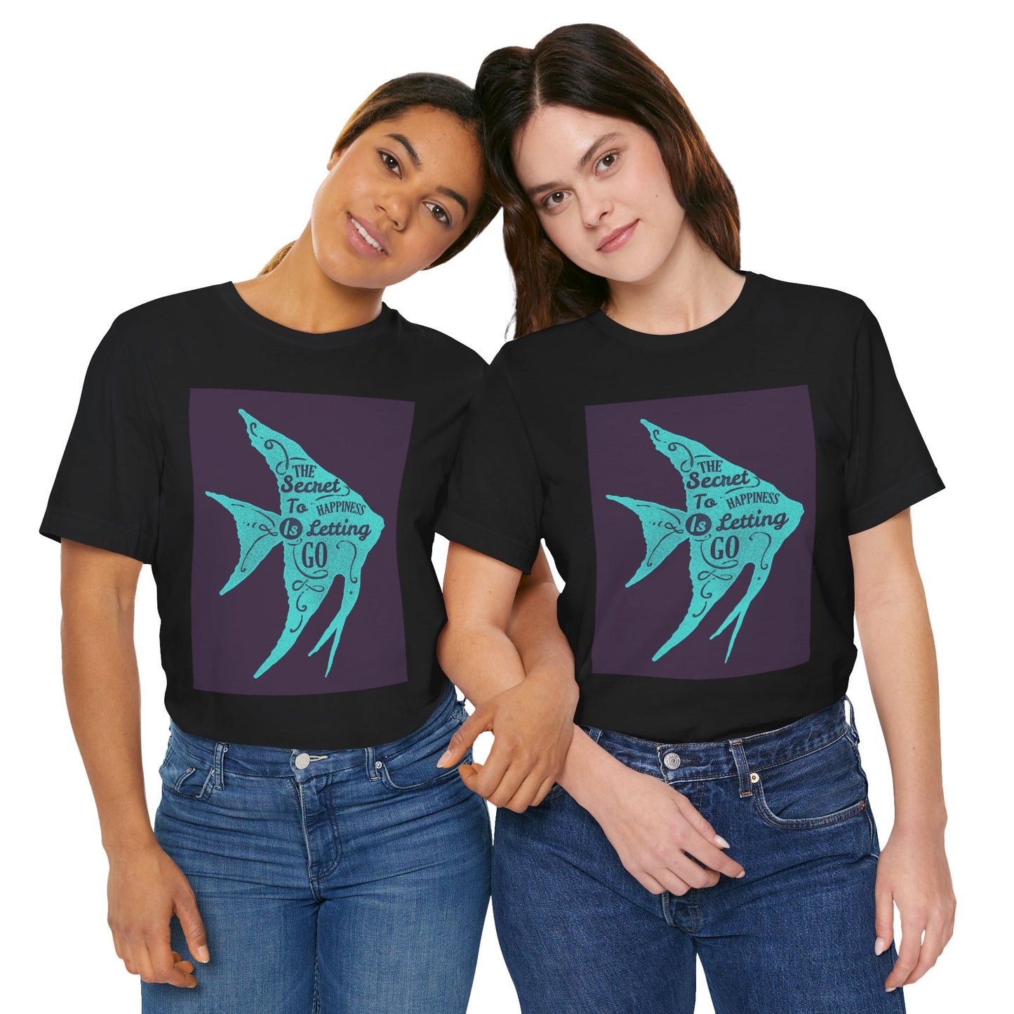Short Sleeve Tee - The Secret to Happiness Is Letting Go - Turquoise Blue Fish Blueprint Design - versevogue
