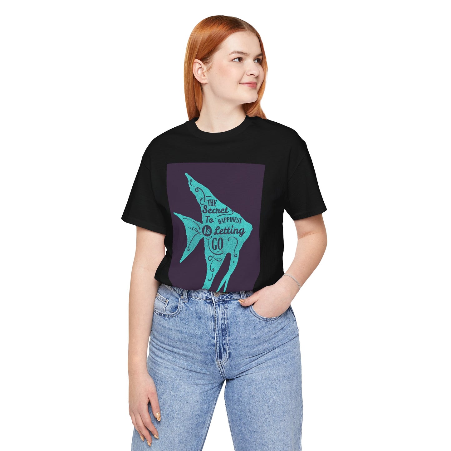 Short Sleeve Tee - The Secret to Happiness Is Letting Go - Turquoise Blue Fish Blueprint Design - versevogue