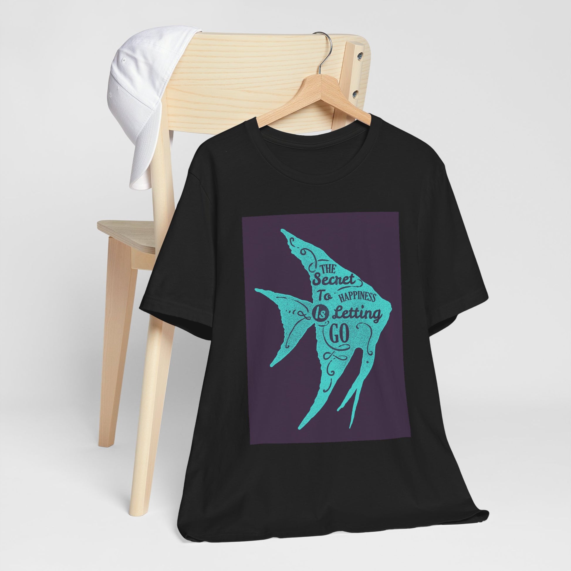 Short Sleeve Tee - The Secret to Happiness Is Letting Go - Turquoise Blue Fish Blueprint Design - versevogue
