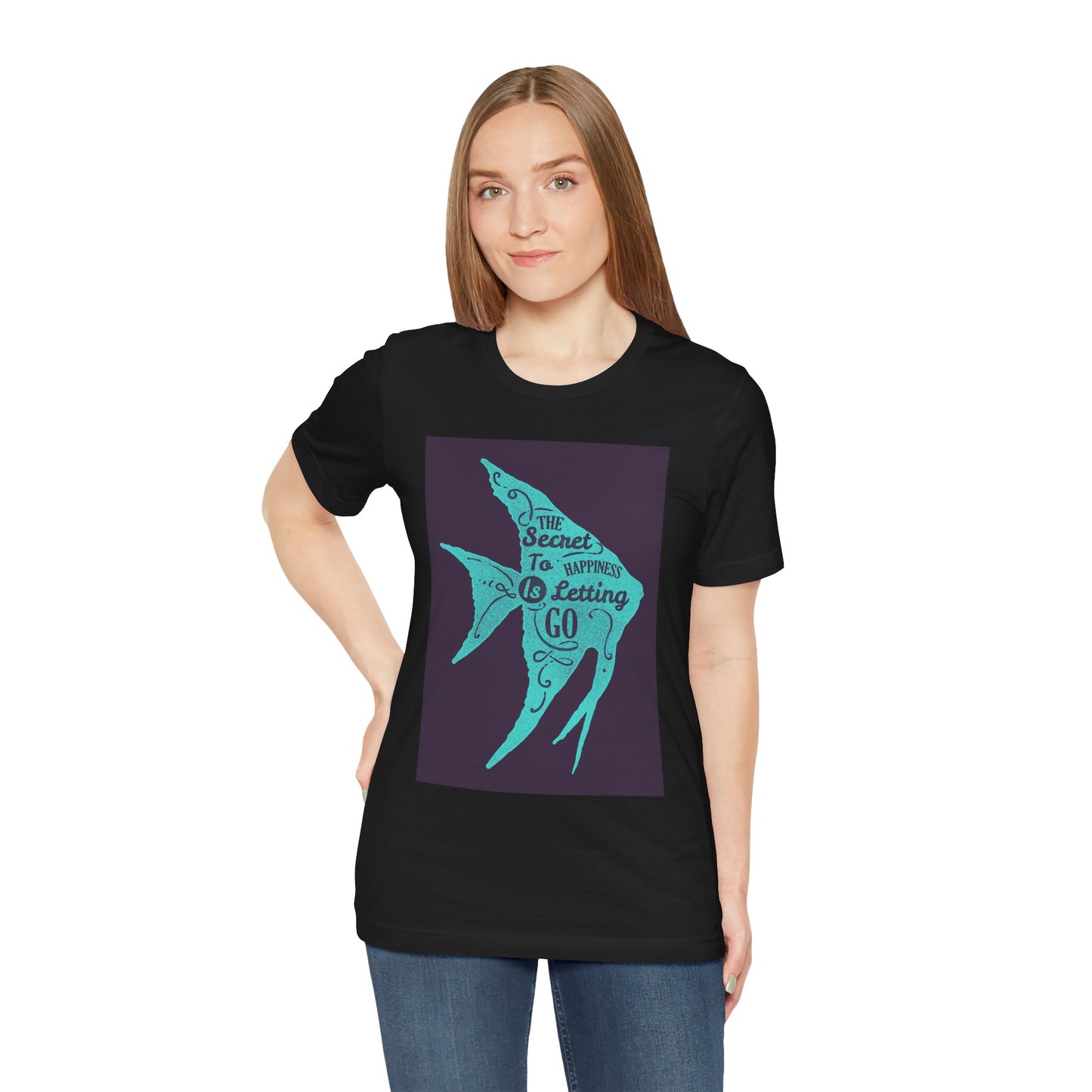 Short Sleeve Tee - The Secret to Happiness Is Letting Go - Turquoise Blue Fish Blueprint Design - versevogue